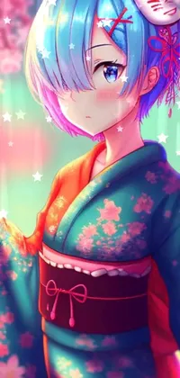 This phone live wallpaper features an anime-style drawing of a woman wearing a floral kimono and holding a fan