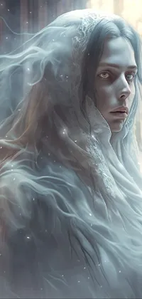This live wallpaper showcases a digital painting of a ghostly woman standing in front of a locked door