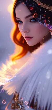 Get lost in a stunning close-up of a beautifully designed character adorned in a gleaming white fur coat, inspired by fantasy art and set in a snow-kissed landscape
