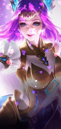 This live wallpaper boasts a strong female warrior with striking purple hair and a powerful sword
