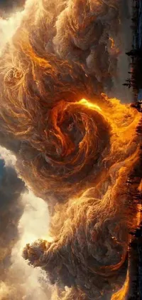 Bring magic and fantasy to your phone screen with this captivating live wallpaper featuring a mesmerizing digital painting! The artwork depicts a stunning spiral-shaped cloud floating in the sky surrounded by fiery flames, creating a gorgeous firenado effect that's sure to impress