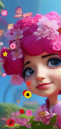 This phone live wallpaper showcases a beautiful doll with a butterfly perched on her head, surrounded by magical plant creatures in an enchanting garden