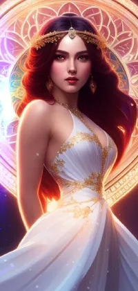 Experience the breathtaking beauty of this fantasy-themed live wallpaper! Featuring a stunning red-headed woman adorned in a white foliate gown and a lavishly decorated halo, this exquisite piece captures the essence of a golden goddess