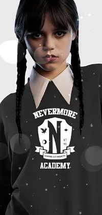 This phone live wallpaper features a monochrome 3D model of a mysterious schoolgirl wearing a sweatshirt that says "Nevermore Academy"