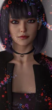 This stunning live phone wallpaper brings futuristic vibes to your device with a beautifully rendered portrait of a cyberpunk girl with jet black hair