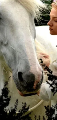 This breathtaking phone live wallpaper showcases a stunning image of a woman standing next to a magnificent white horse