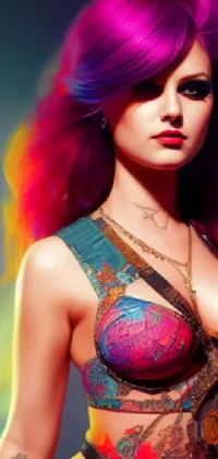 This mesmerizing phone wallpaper showcases a stunning woman with brilliantly colored hair posing for a captivating photo
