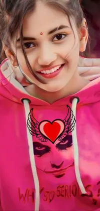 Get this charming phone live wallpaper featuring a smiling girl in a pink hoodie and jeans