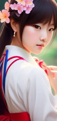 This phone live wallpaper showcases a beautiful digital painting of a young Japanese girl with a flower in her hair