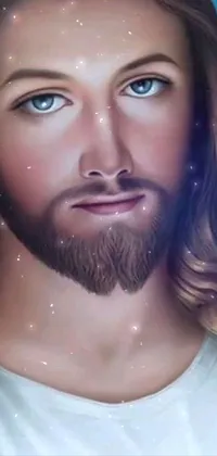 This phone live wallpaper showcases an airbrush painting of Jesus, featuring long hair and a beard