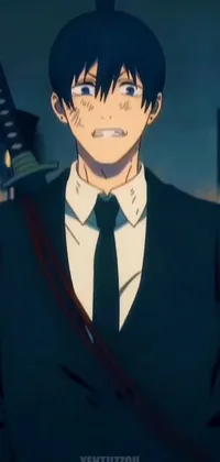 This anime-style phone live wallpaper depicts a man donning a suit and tie, holding a sword with a fierce and confident expression