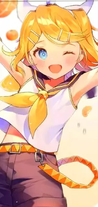This live phone wallpaper features a sailor-clad character dancing amongst a colorful background of juicy oranges