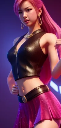 This phone live wallpaper for Android is a beautiful 3D render of a stylish woman wearing a black top and a pink skirt