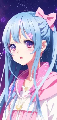 This phone live wallpaper showcases an alluring anime drawing of a young girl with vibrant blue hair wearing a bright pink dress