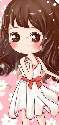 This phone live wallpaper showcases an adorable anime girl wearing a white dress while standing in front of a vibrant flower field