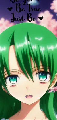 This phone wallpaper shows a close-up of a character with green hair in an anime style
