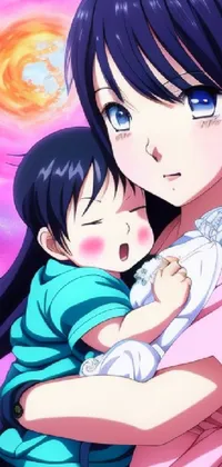 This phone live wallpaper showcases an anime illustration with a woman holding a child