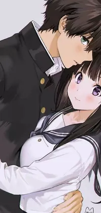 This phone live wallpaper features hyper-realistic anime characters hugging in an affectionate embrace