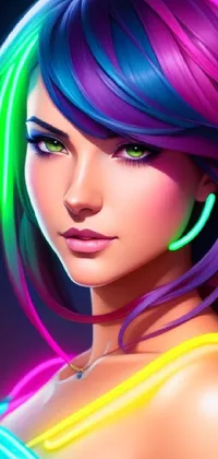 This phone live wallpaper features a striking portrait of a person with colorful hair, set against a cyberpunk-inspired cityscape
