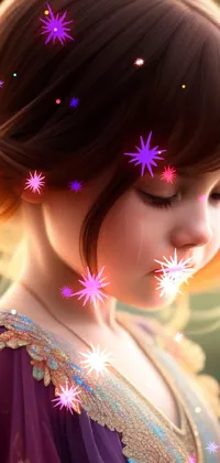 This live wallpaper showcases a digital painting of a child wearing a stunning purple dress, crying delicate tears