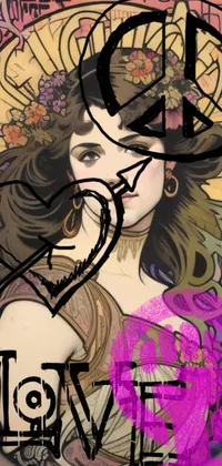 This stunning phone live wallpaper features an art deco-inspired painting of a woman with flowers in her hair