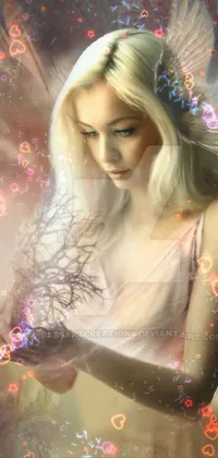 This phone live wallpaper features a stunning digital artwork depicting a woman holding a tree in her hands