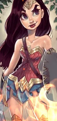 This live wallpaper features a powerful female character holding a sword and shield, dressed in a striking costume