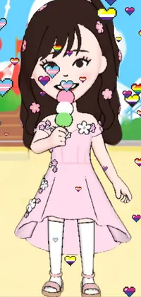 This lively phone live wallpaper features a cute girl in a pink dress holding a delicious ice cream cone with a huge smile on her face
