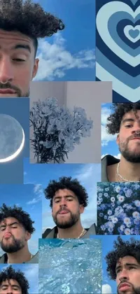 This phone live wallpaper showcases a collage of expressive faces and an album cover for a trendy aesthetic