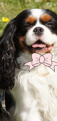 This live wallpaper showcases a charming cavalier king charles spaniel sitting in lush grass in a sunny day