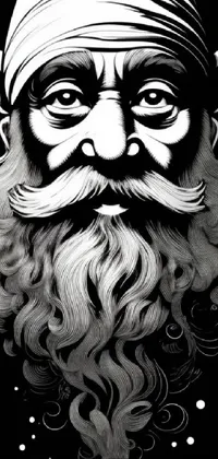 This phone live wallpaper showcases a black and white portrait of a bearded man with intricate lines and details