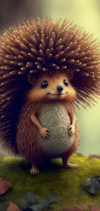 This phone live wallpaper features an anthropomorphic hedgehog rendered in furry art style, sitting on a moss covered ground