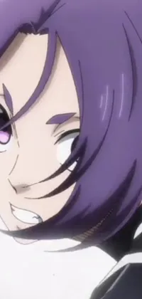 This live wallpaper features a person with purple hair donning a black and purple outfit with a high collar and elaborate designs