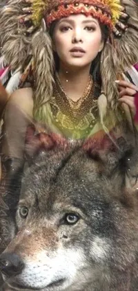 This stunning live wallpaper features a Native American woman wearing a headdress and standing next to a majestic wolf