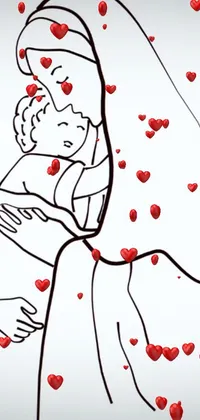 This phone live wallpaper showcases a cartoonish drawing of a woman holding a child surrounded by hearts