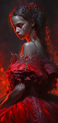 This exquisite phone wallpaper features a high resolution digital artwork of a woman in a captivating red dress