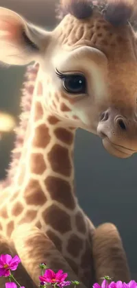 Bring nature to your phone with this adorably cute live wallpaper of a giraffe sitting next to a yellow flower