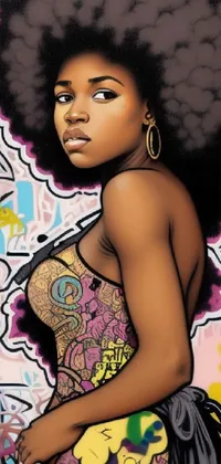 This phone live wallpaper features a fierce black African princess standing in front of a vibrant graffiti-covered wall