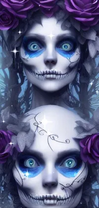 This phone live wallpaper showcases a digital artwork of a woman with striking blue eyes and purple roses on her head