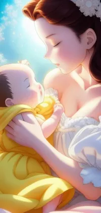 This phone live wallpaper depicts a breathtaking scene of a woman cradling a baby atop a lush bed