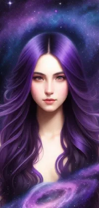 This intricately detailed phone live wallpaper features a mystical anime-inspired woman with long hair flowing in the galaxy breeze