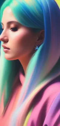 This lively digital art phone wallpaper depicts a woman with vibrant hair in aetherpunk airbrush style