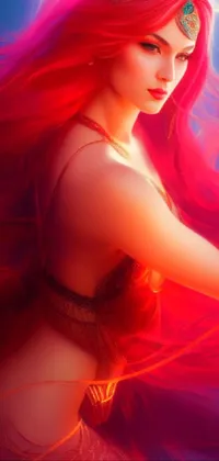 This phone live wallpaper features a striking digital art image of a female genie with long red hair holding a cell phone