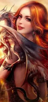 This captivating live phone wallpaper features a mysterious woman with fiery red hair holding a bird amidst a fantastical world of dragons and other mystical creatures