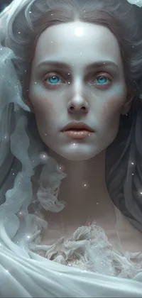 Looking for an elegant and stunning wallpaper for your phone screen? Look no further than this high-quality fantasy artwork! This digital art features a captivating female figure with a veil, boasting alabaster skin and intricate detailing