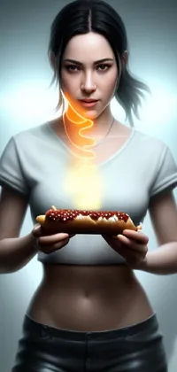 This phone live wallpaper showcases a charming illustration of a woman holding a hot dog