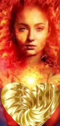 This phone live wallpaper features a red-haired woman holding a gold heart, surrounded by a fiery explosion of colors