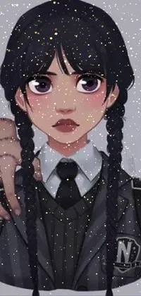 This live phone wallpaper features an edgy digital art drawing of a black-haired girl wearing a dark school uniform with a white collar and a large black bow