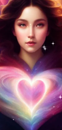 Get mesmerized by this cosmic and colorful phone wallpaper featuring a digital art painting of a woman holding a heart