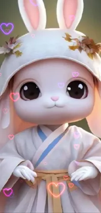 Check out this amazing live wallpaper for your phone! It features a close-up of a stunningly crafted bunny figurine, wearing flowing white robes that give it an ethereal appearance